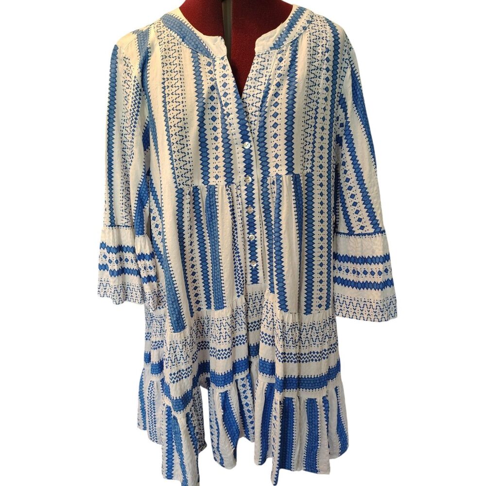 Last Queen Paris Cotton Diamond Geo Print Tunic Dress 3/4 Sleeves Size 10/12